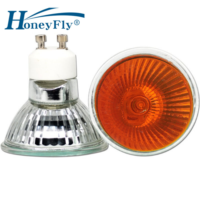 HoneyFly 2pcs 오렌지 불꽃 램프 35W 50W 220V GU10 디 밍이 가능한 앰버 램프 전구 스포트 라이트 석영 벽난로 Somine Lamba